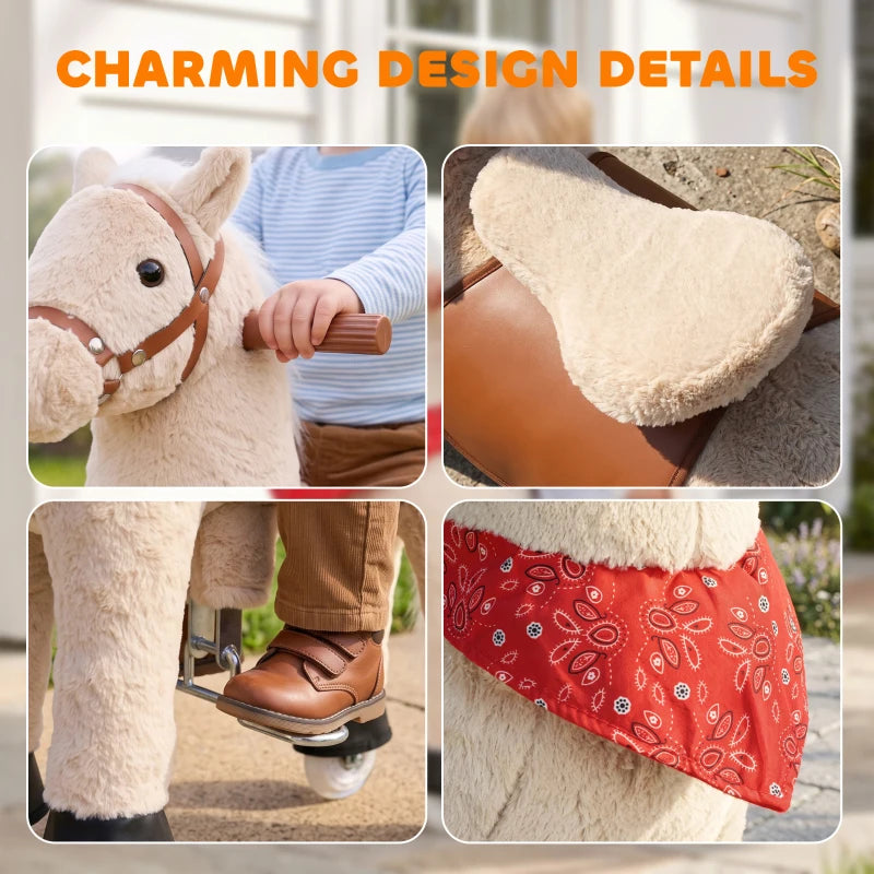 Light brown plush rocking horse with red skirt, brown saddle, and sturdy wheel base