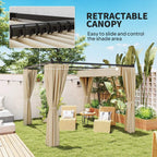Beige retractable canopy pergola with sliding roof rails and hanging curtain drapes