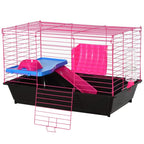 Pink metal small animal cage with black base, blue platform, and magenta tunnel chute.