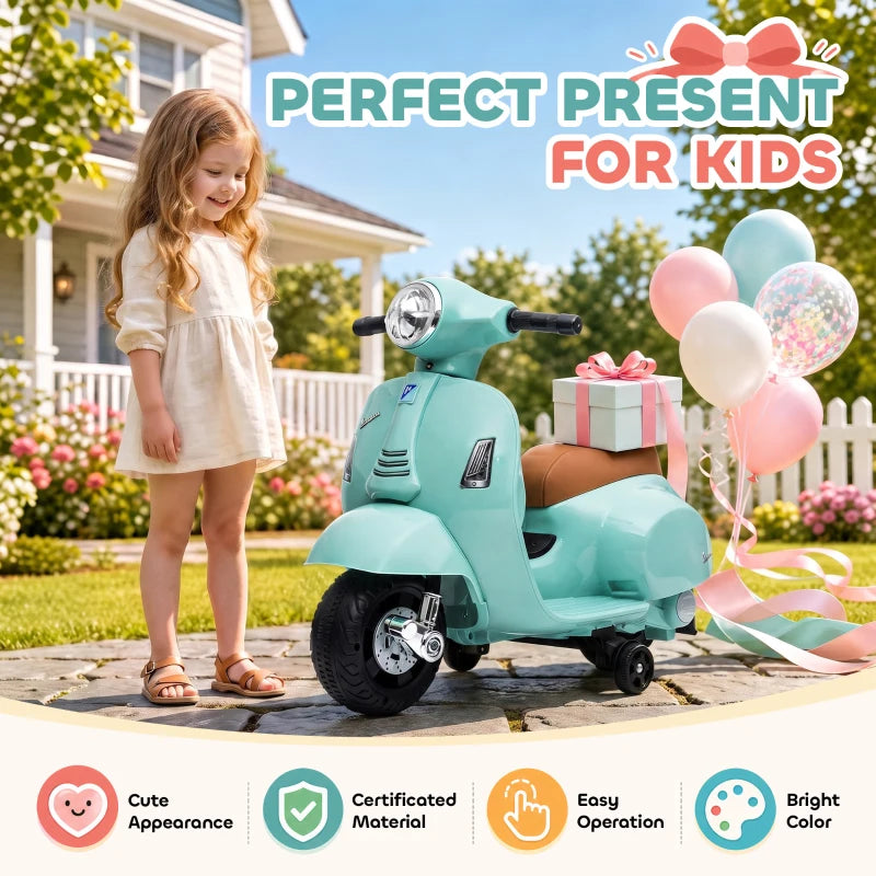 Green kids electric ride-on motorbike scooter with brown seat, horn, and child standing nearby
