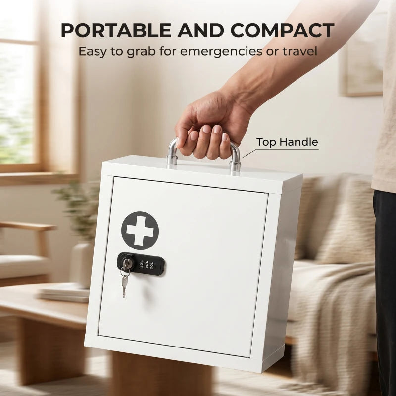 White wall medicine cabinet carried by top handle with cross emblem