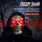 Hooded grim reaper face with red glowing eyes, detailed skull, and dark robe