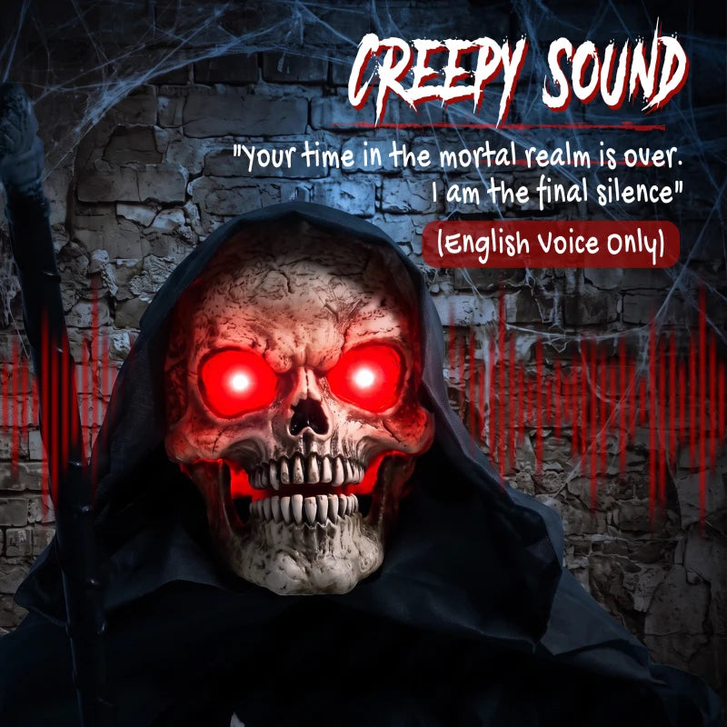 Hooded grim reaper face with red glowing eyes, detailed skull, and dark robe