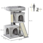 Grey cat climbing tower with size markings, plush platforms, sisal posts, and angled ramp