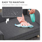 Grey dog sofa bed with water-resistant fabric shown being wiped clean