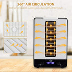 White 11-tray food dehydrator with front window and air circulation airflow graphic
