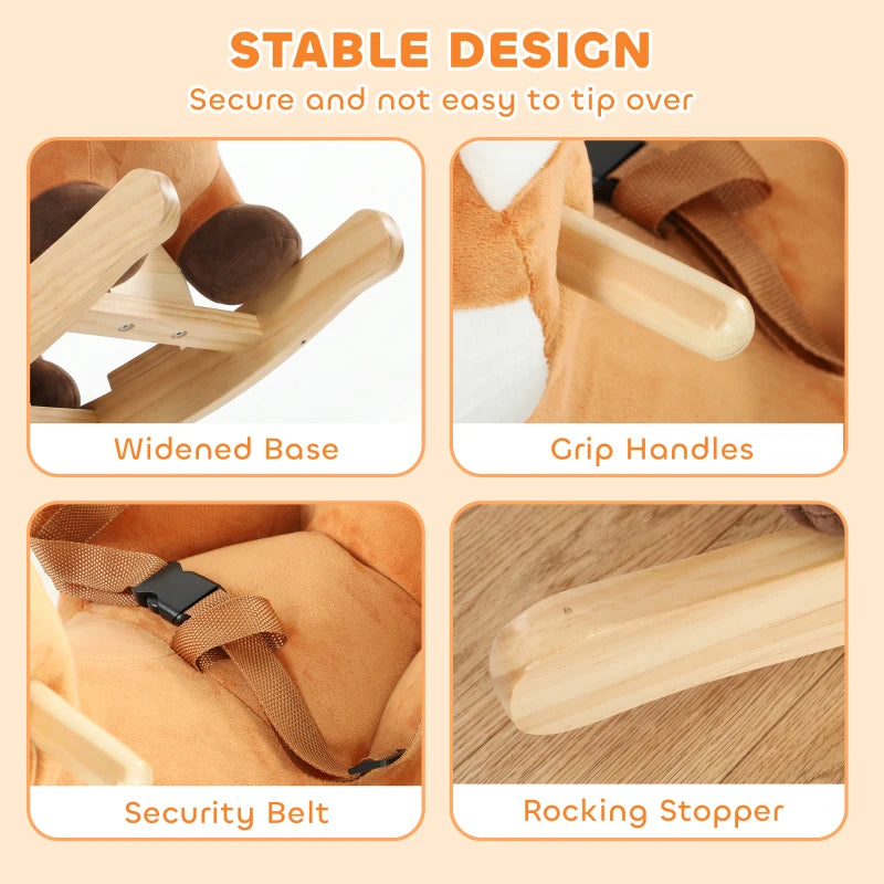 Brown plush rocking horse with safety belt, widened base, and rocking stopper
