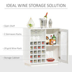 White wine cabinet showing open shelf, stemware rack, 20-grid wine rack and storage