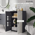 Two-door bathroom cabinet with adjustable shelves, open door showing storage levels inside.