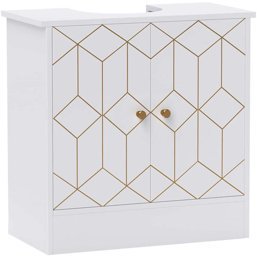 White under-sink bathroom cabinet with gold geometric pattern and two brass knobs
