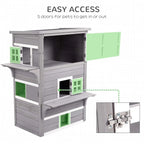 Grey three-tier wooden cat house with multiple access doors and side openings