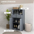 Grey bathroom storage unit open to show drawers, open shelf, and a louvered storage cabinet.