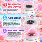 White cotton candy maker with clear lid bowl and black heating plate on base