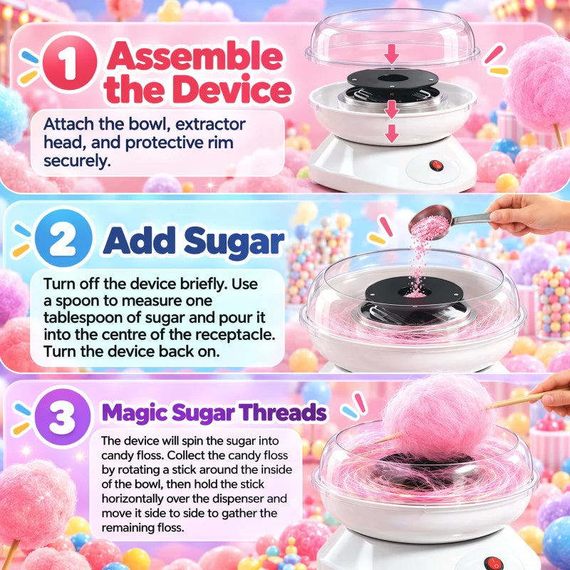 White cotton candy maker with clear lid bowl and black heating plate on base
