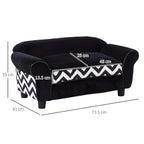 Black pet sofa bed with chevron cushion, front view with size measurements
