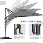 Dark grey cantilever parasol crank handle and five-position tilt mechanism detail